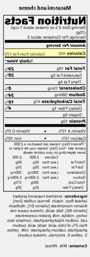 通心粉和奶酪的营养成分标签突出显示卡路里